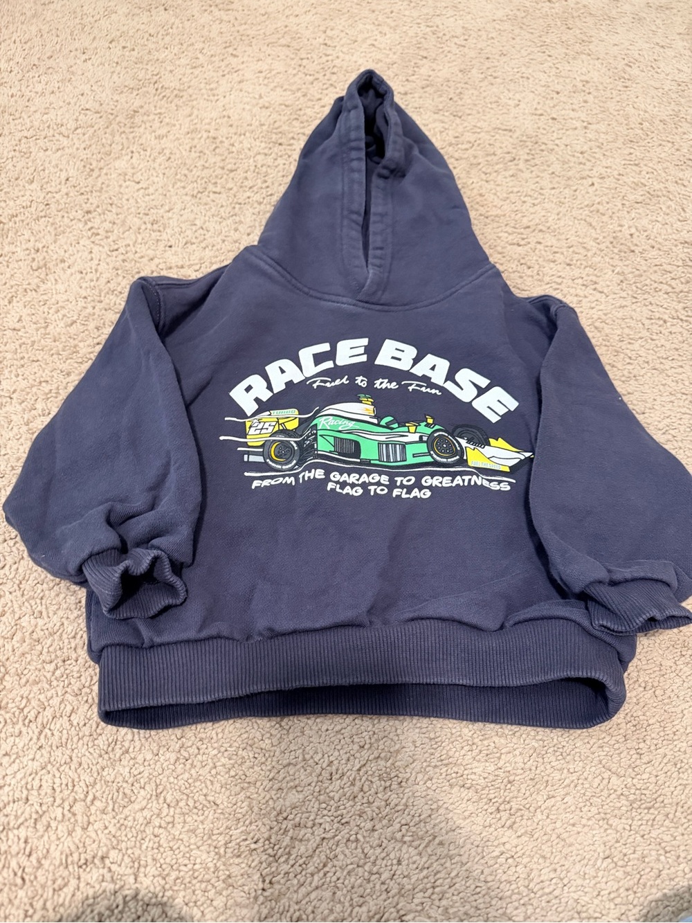 ZARA Boys Race Car Hoodie Size 5 Blue Graphic Sweatshirt Racing Pullover